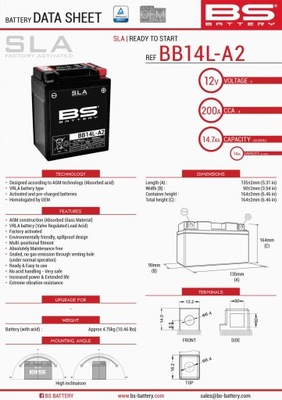 BS АКУМУЛЯТОР BB14L-A2 (FA) (YB14L-A2,YB14L-B2) 12V 14AH 135X91X167 BEZOBSŁ