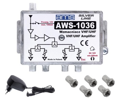 Wzmacniacz antenowy DVB-T2 AWS-1036 do 10 TV AMS