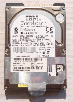 Dysk 2,5' 12GB 12,07GB IDE PATA IBM Travelstar DARA-212000