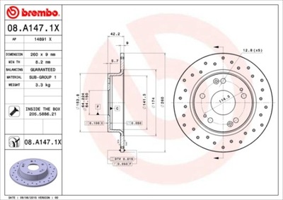 DISCOS DE FRENADO PARTE TRASERA BREMBO 08.A147.1X 08A1471X  