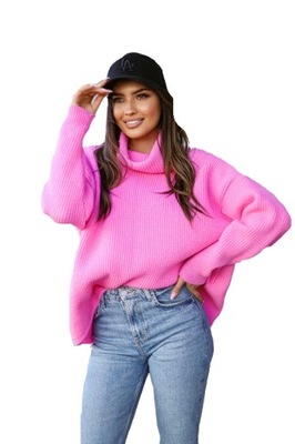 Sweter z golfem oversize różowy Me Gusta