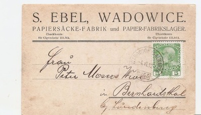 WADOWICE -S.EBEL -FABRYKA PAPIERU - karta druk -1912 rok