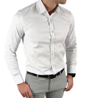 Koszula slim fit biała w czarne paseczki ESP019 - XL