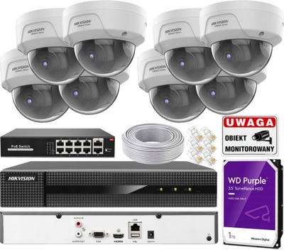 Zestaw Monitoringu 8x Kamera HWI-D180H 8Mpx Hikvision + Rejestrator HDD 1TB