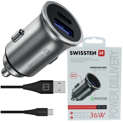SWISSTEN Ładowarka auta USB USB-C + kabel microUSB