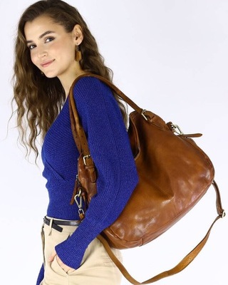 Skórzana torebka damska kuferek do ręki i na ramię camel MARCO MAZZINI VS2d
