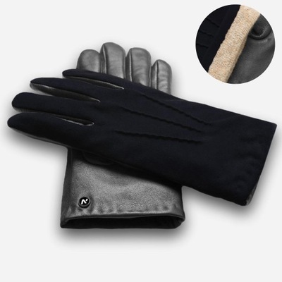 Zimowe rękawiczki skórzane MĘSKIE KASZMIR DOTYKOWE GRANAT