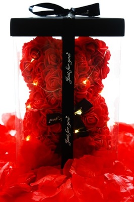 Miś z róż PREZENT NA DZIEŃ MATKI MAMY 25cm z LED wypełnienie płatkami róż