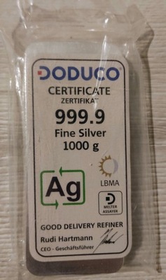 Doduco sztabka srebra 1000g 1kg, LBMA, próba 999.9