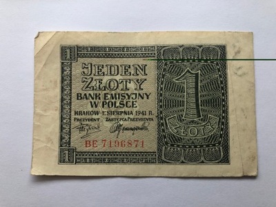 1 złoty Bank Emisyjny w Polsce 1941 seria BE