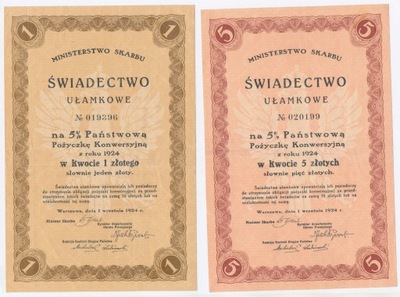 Świadectwo ułamkowe 1 i 5 złotych 1924 r. 2 szt. (170)