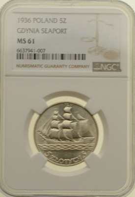 5 złotych 1936 r. - Żaglowiec - Grading NGC MS61