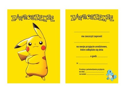 Komplet 10 sztuk Zaproszenie typu Pokemon Pikachu