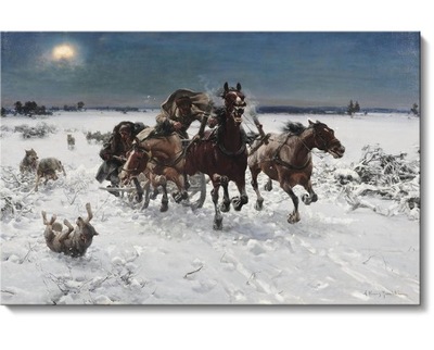 Trojka ścigana przez wilki, Alfred Wierusz-Kowalski, 100x65 cm