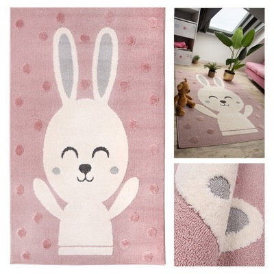Różowy dywan z króliczkiem Skandi MIĘKKI dywan dziecięcy 150x220