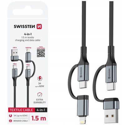 SWISSTEN Kabel do ładowania 4w1 1,5M USB-C, USB-A i Lightning 60W Czarny