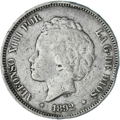 Moneta, Hiszpania, Alfonso XIII, 5 Pesetas, 1892,