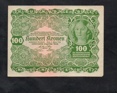 BANKNOT AUSTRIA , Austro-Węgry - 100 koron - 1922 rok
