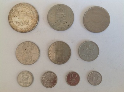 Szwecja 10 monet, w tym 1 srebrna