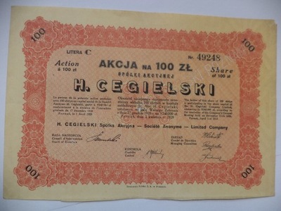 Akcja na 100 Złotych z1929r.-Spółka Akcyjna - H. Cegielski- Nr 49248-Rzadka