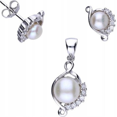 Srebrny komplet 925 kolczyki zawieszka biała perła na wyjątkowy prezent