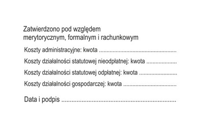 Pieczątka ZATWIERDZONO POD WZGLĘDEM ... KOSZTY ADMINISTRACYJNE STATUTOWE ..