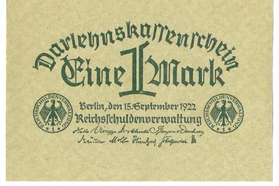 1 Marka 1922 Weimar Darlehnskassenschein Komisja ds. Długu Rzeszy