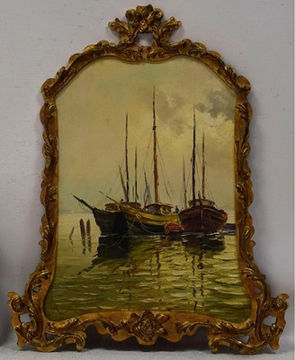 Stary obraz Pejzaż z łodziami Olej 76x60cm