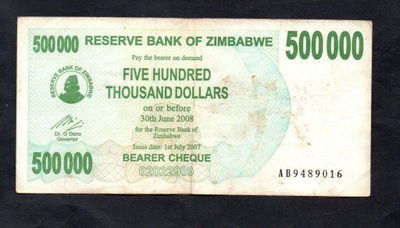 BANKNOT ZIMBABWE -- 500000 Dollars -- 2007 rok