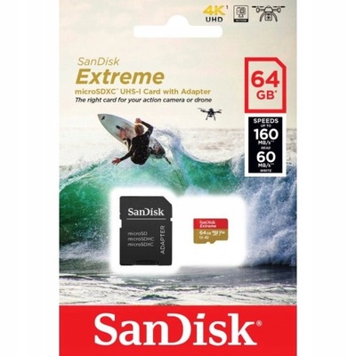 SANDISK 64 GB micro SD XC UHS3 EXTREME 160MBs GPRO