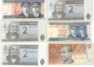 Lot 6 sztuk banknotów: Litwa i Estonia