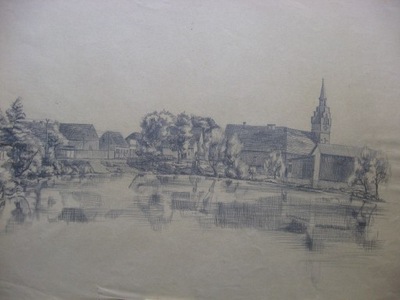 Widok miejscowości ze stawem i kościołem ołówek format 42x56 cm
