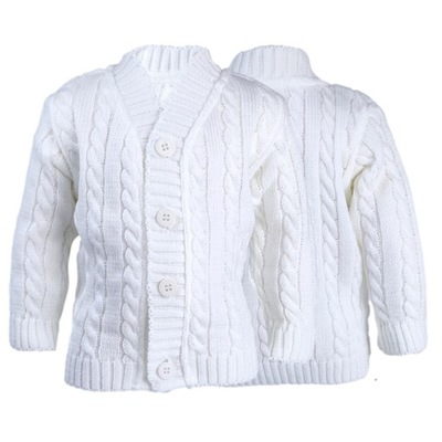 Biały sweterek chłopięcy, rozpinany warkocz v-neck "serek" 86 komunia chrze