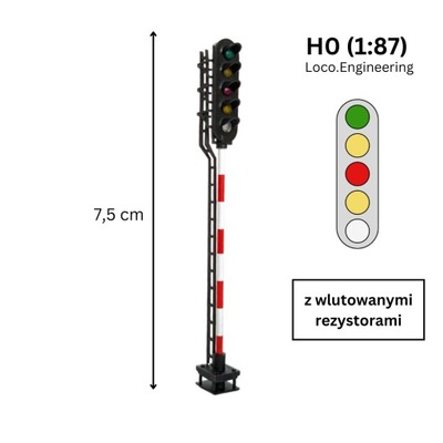 Semafor kolejowy 5-komorowy H0 z krótkim daszkiem z wlutowanymi rezystorami