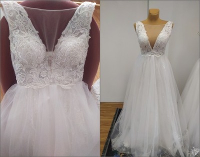 Nowa tiulowa suknia ślubna błyszcząca 38 zdobiona