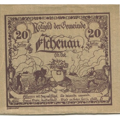 Banknot, Austria, Eschenau, 20 Heller, champs 1921