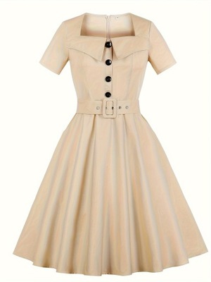 Sukienka w stylu retro z kwadratowym dekoltem, Vintage z krótkim rękawem