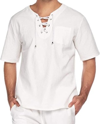 Biała koszulka z krótkim rękawem wiązanie bawełna L