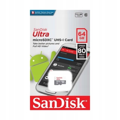 SANDISK 64GB micro SD XC Class 10 ULTRA 80MBs UHS1