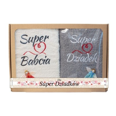 Komplet ręczników "Super Babcia", "Super Dziadek" kolor ecry -szary w ozdob