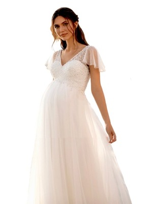 Suknia ślubna #43 ciążowa perełki cekinki zwiewny rękawek rozmiar 38 M