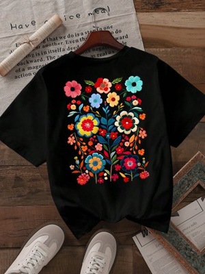 T-SHIRT LUŹNY Z NADRUKIEM W KWIATY OBNIŻONE RAMIONA CZARNY CASUAL SHEIN S