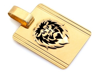 Zawieszka złota 585 duża prostokątna lew z czarną emalią możliwy grawer 14k