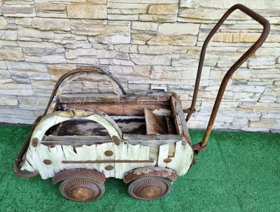 Wózek dla lalek przedwojenny stary drewniany zabytkowy antyk retro lata 50