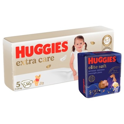 HUGGIES Extra Care Mega 5 (11-25kg) + Pieluchy noc Night Pants 5 17 szt