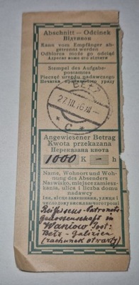 Odcinek przekazu pocztowego Bełż 27.III.1916 rok