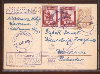 1945 PL, PROWIZORIUM, kartka polecona R-WARSZAWA 23.