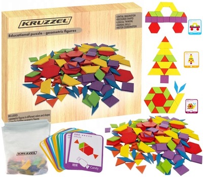 PUZZLE DREWNIANE UKŁADANKA Logiczna Gra Figury Geometryczne Mozaika 155 el