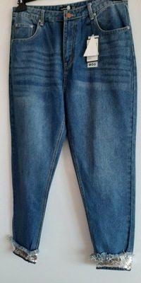 BOOHOO BLUE SPODNIE JASNY JEANSY OZDOBNE XXL/44