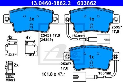 ATE 13.0460-3862.2 КОЛОДКИ ГАЛЬМІВНІ ЗАД FIAT PUNTO 0,9-1,4 09- Z ДАТЧИКОМ